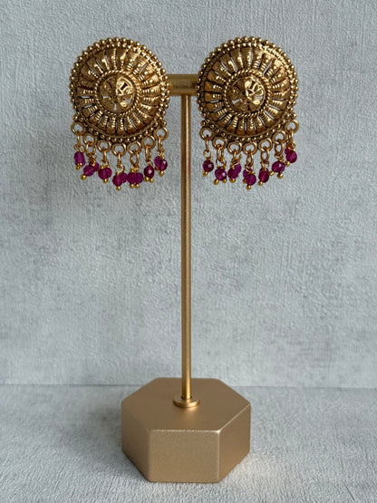 Ayura Designs Rania Choker Set with Studs – Antique Gold Floral Medallion Choker with Ruby Pink Bead Detailing