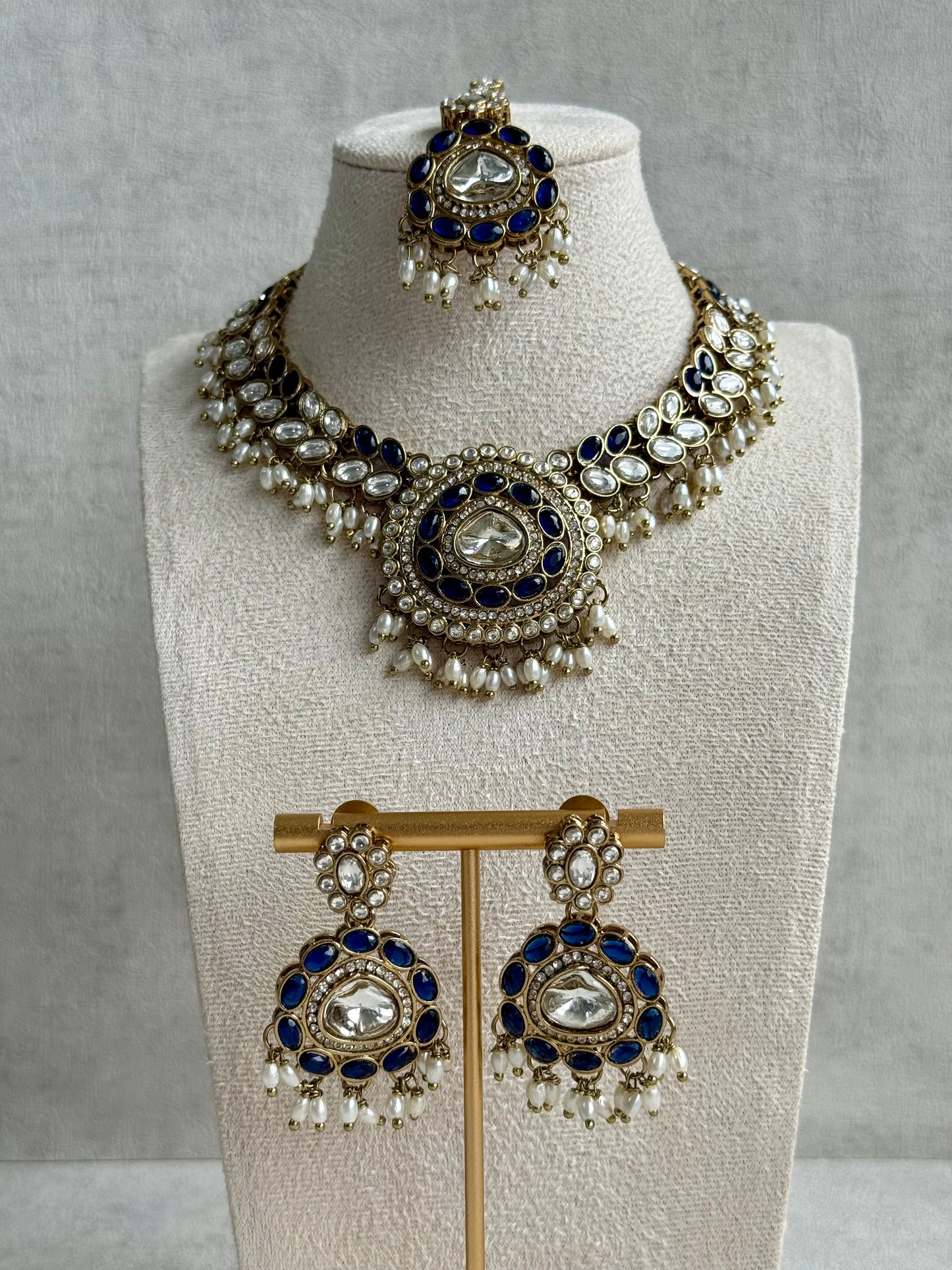 Ayura Designs Warda Set with Earrings & Tikka – Ink Blue Ovals, Mirror-Cut Stones & Ivory Pearls