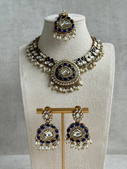Ayura Designs Warda Set with Earrings & Tikka – Ink Blue Ovals, Mirror-Cut Stones & Ivory Pearls