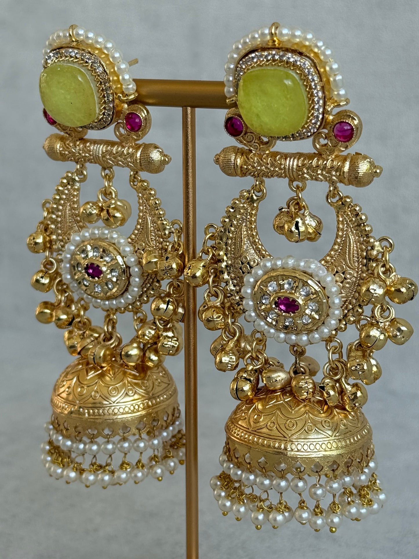 Ayura Designs Mahwish Jhumkis – Lime Yellow Stones, Pearls & Ghungroo Detailing