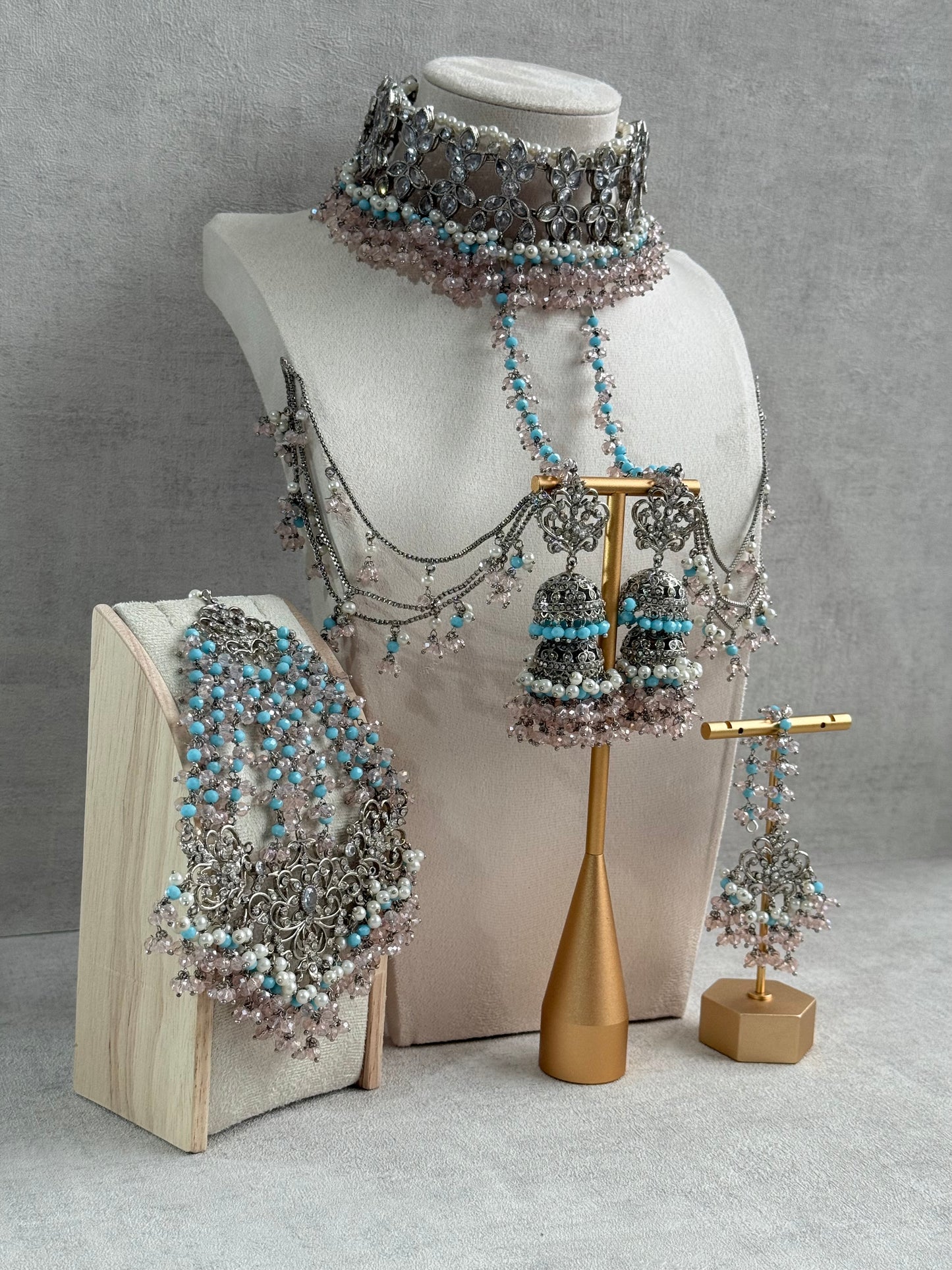 Ayura Designs Arasi Set with Choker, Passa, Tikka & Sahare Jhumkis – Antique Silver with Blush Pink Crystals, Aqua Blue Beads & Ivory Pearls