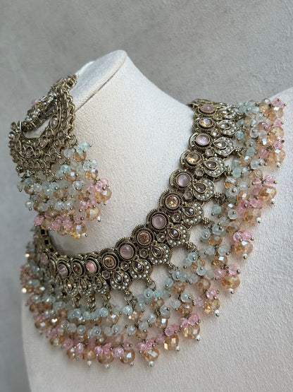 Ayura Designs Dilnaz Necklace Set – Blush Pink, Aqua & Champagne Crystal Beads