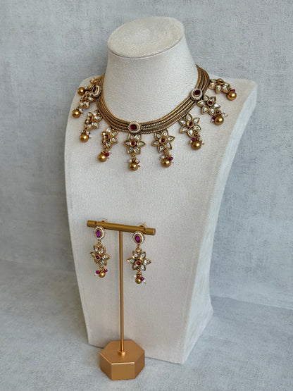 Ayura Designs Daksha Necklace Set with Earrings – Gold Layered Chain Necklace with Ruby Pink Kundan Floral Motifs
