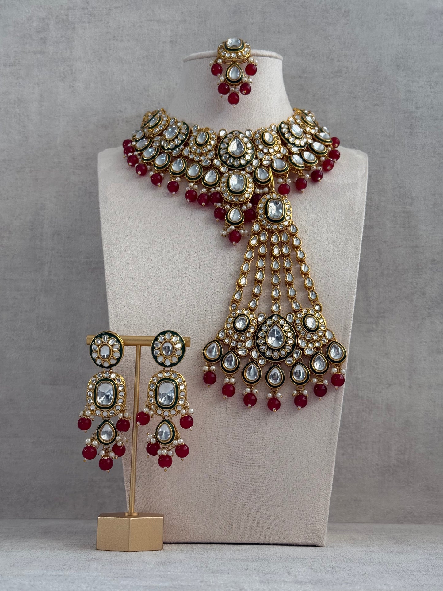 Ayura Designs Jashan Set with Necklace, Earrings, Tikka & Passa – Kundan Detailing, Pearl Drops & Ruby Red Beads