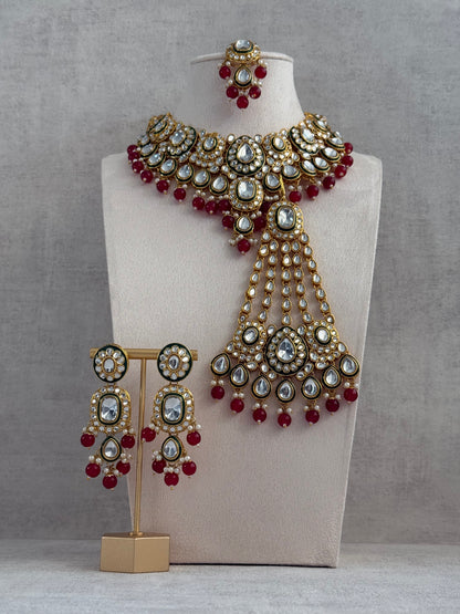 Ayura Designs Jashan Set with Necklace, Earrings, Tikka & Passa – Kundan Detailing, Pearl Drops & Ruby Red Beads
