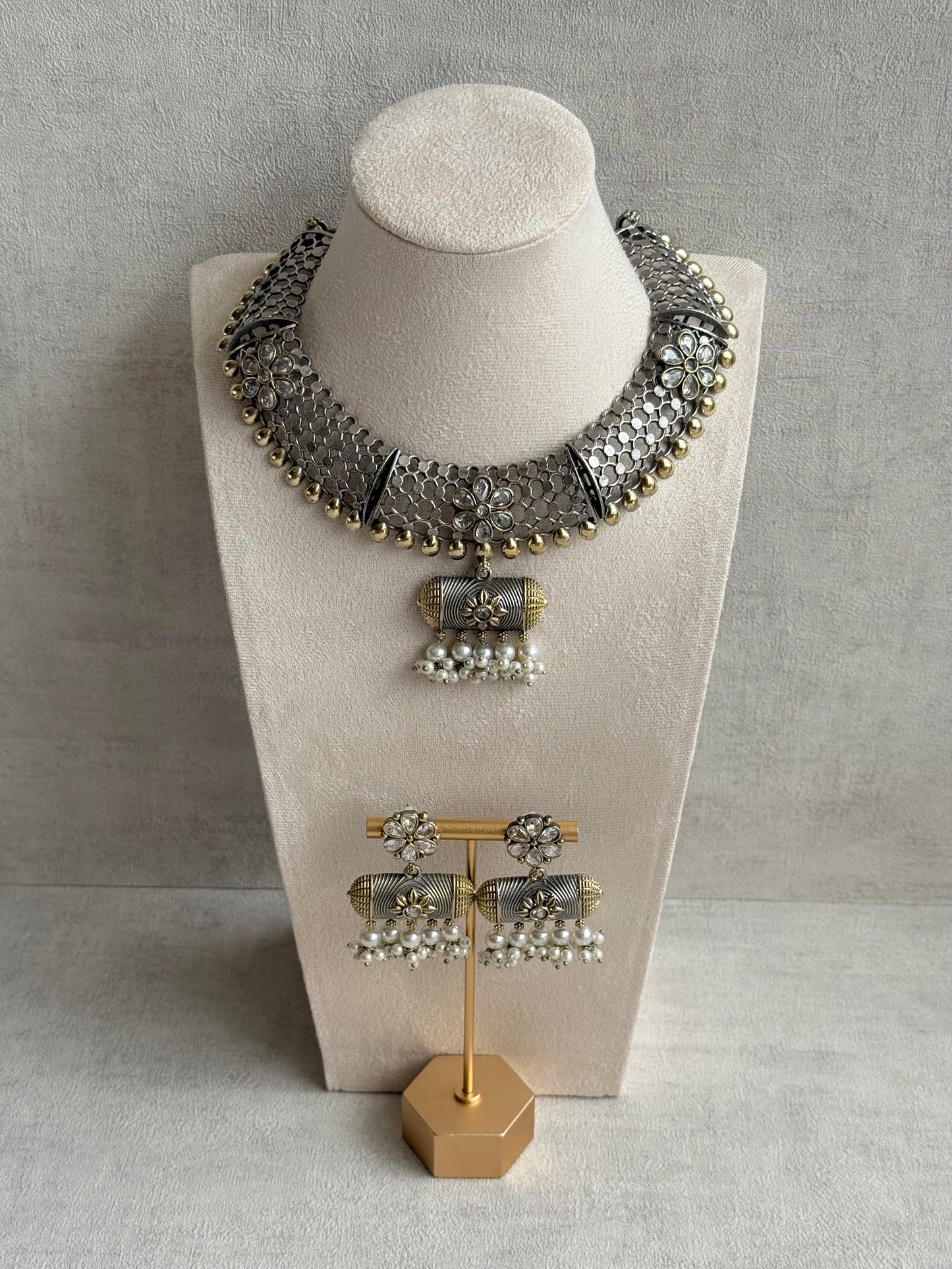 Ayura Designs Taal Necklace Set with Earrings & Tikka – Dual Tone Oxidised Mesh Necklace with Barrel Motifs & Pearl Detailing
