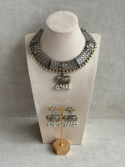Ayura Designs Taal Necklace Set with Earrings & Tikka – Dual Tone Oxidised Mesh Necklace with Barrel Motifs & Pearl Detailing