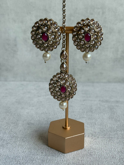 Ayura Designs Sania Set with Necklace, Earrings & Tikka – Ruby Red Stones, Kundan Detailing & Antique Gold Finish