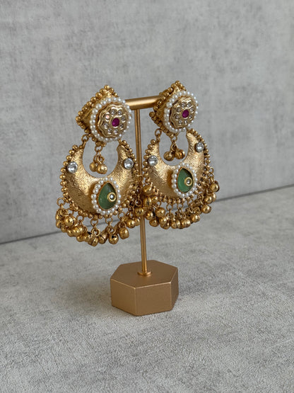 Ayura Designs Naaz Earrings – Antique Gold Jhumkas with Green Teardrop Stone, Pearl Embellishments & Ghungroo Detailing