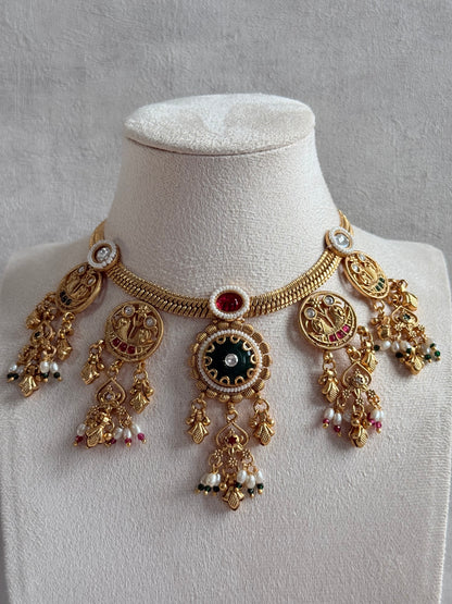 Ayura Designs Parchhai Necklace Set with Earrings – Ruby Red, Rose Pink & Emerald Green Stones, Bird Motifs & Pearl Detailing