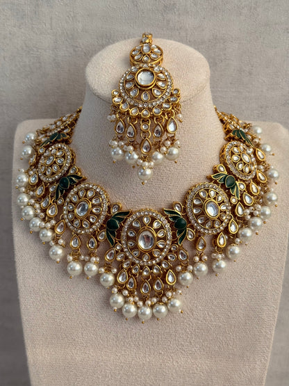 Ayura Designs Zara Set with Necklace, Earrings, Tikka & Passa – Antique Gold with Kundan Detailing & Ivory Pearl Drops