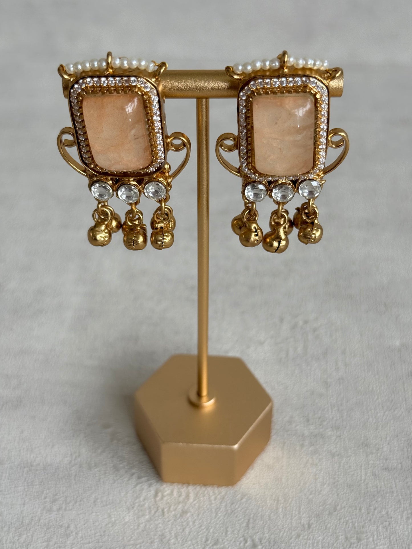 Ayura Designs Aleena Earrings – Champagne Stone Stud Earrings with Pearls & Ghungroo Detailing