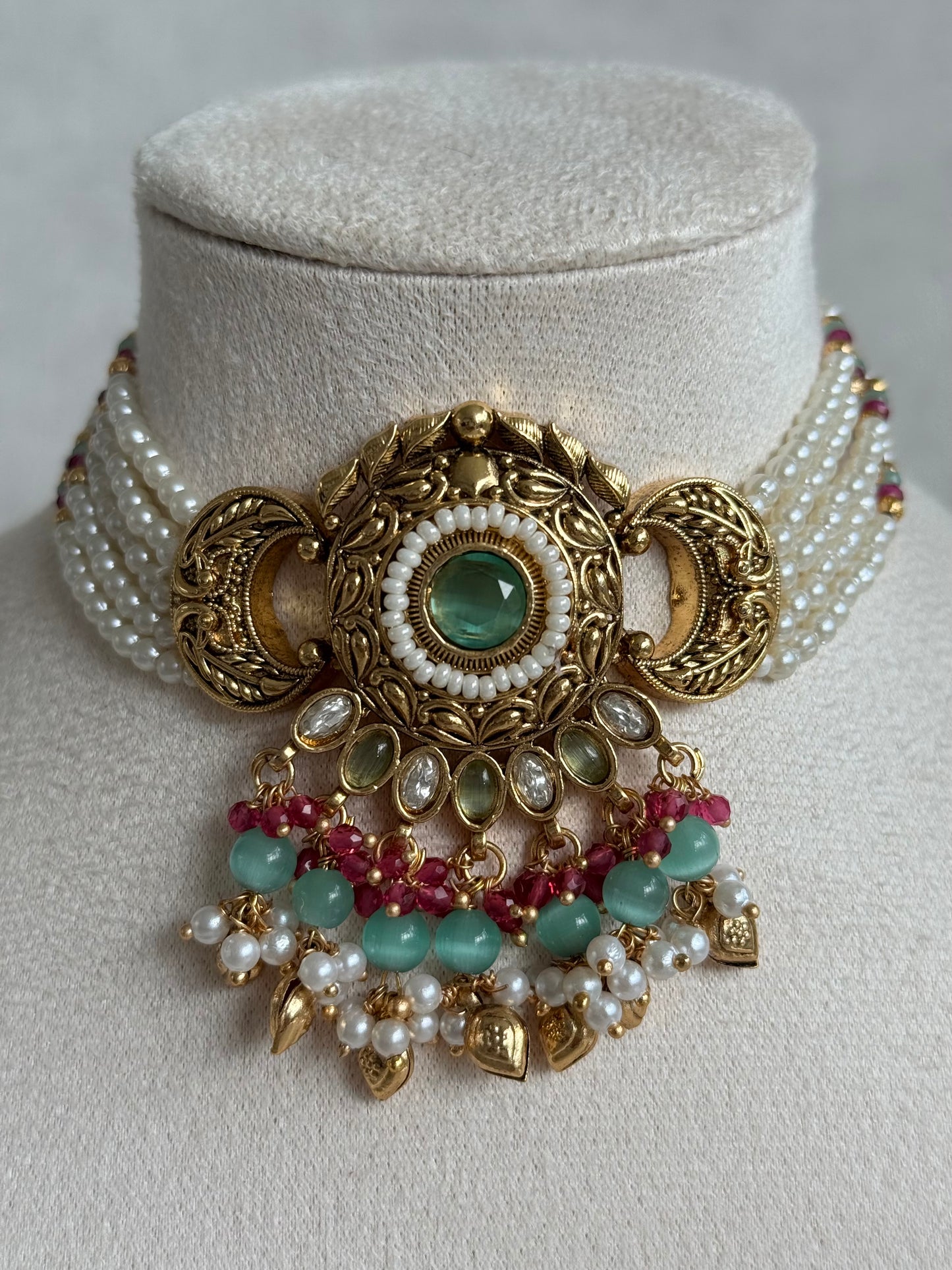 Ayura Designs Mehr Choker Set with Earrings & Tikka – Mint Green Stones, Ruby Pink Beads, Pearl Strands & Antique Gold Finish