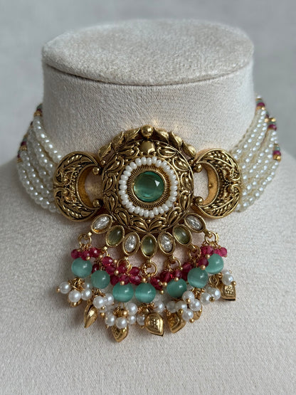 Ayura Designs Mehr Choker Set with Earrings & Tikka – Mint Green Stones, Ruby Pink Beads, Pearl Strands & Antique Gold Finish