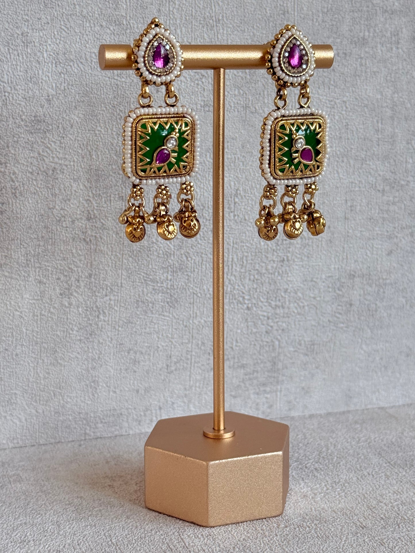 Ayura Designs Inira Drop Earrings – Emerald Green Enamel Bird Earrings with Rani Pink Kundan & Ghungroo Drops