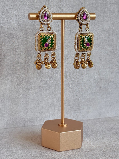 Ayura Designs Inira Drop Earrings – Emerald Green Enamel Bird Earrings with Rani Pink Kundan & Ghungroo Drops