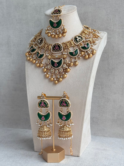 Ayura Designs Tafiza Necklace Set with Sahare Jhumki Earrings & Tikka – Emerald Green, Rani Pink, Kundan, Pearls & Antique Gold Finish