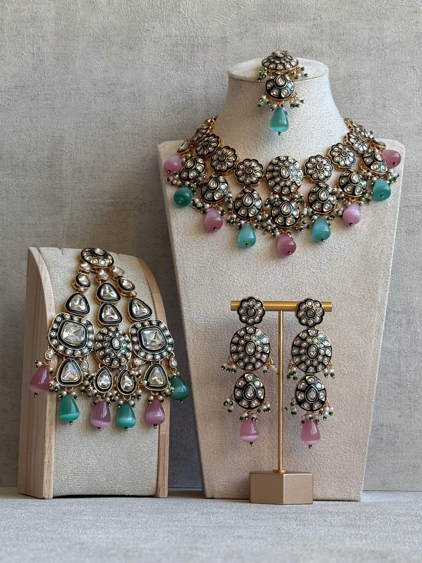 Ayura Designs Sumaira Set with Passa – Necklace, Earrings, Tikka & Passa with Kundan, Green Meenakari Detailing & Aqua-Pink Drops