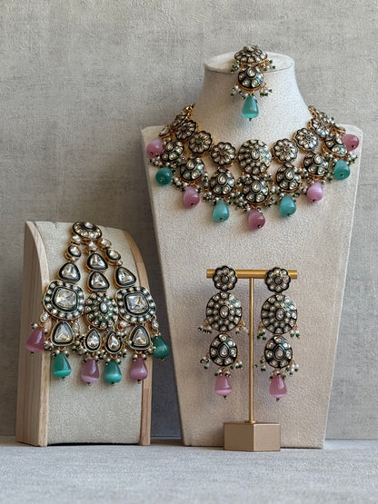 Ayura Designs Sumaira Set with Passa – Necklace, Earrings, Tikka & Passa with Kundan, Green Meenakari Detailing & Aqua-Pink Drops
