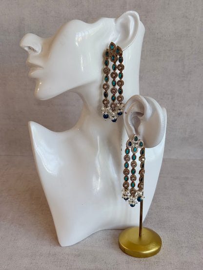 Ayura Designs Emilia Earrings – Gold Triple Strand Statement Earrings with Peacock Blue Stones & Pearl Drops