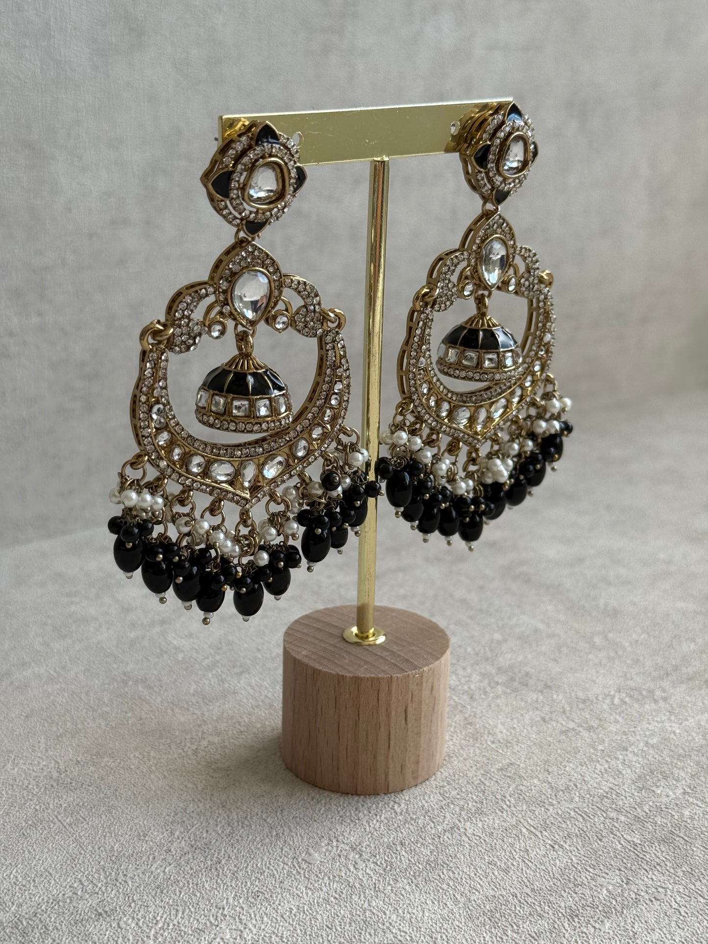 Ayura Designs Reha Earrings – Statement Chandbalis with Black Beads, Pearls & Mirror-Cut Stones