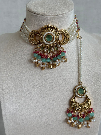 Ayura Designs Mehr Choker Set with Earrings & Tikka – Mint Green Stones, Ruby Pink Beads, Pearl Strands & Antique Gold Finish