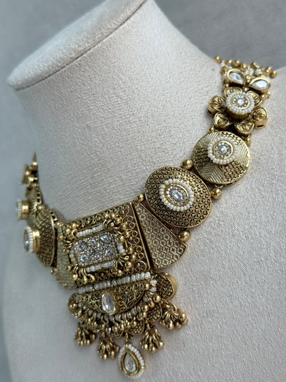 Ayura Designs Purvi Set – Necklace & Earrings with Antique Gold Filigree, Ivory & Pearl Detailing