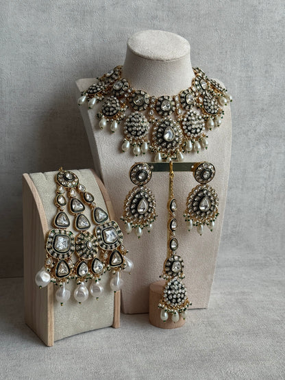 Ayura Designs Ayesha Bridal Set with Necklace, Earrings, Tikka & Passa – Emerald Green Enamel, Mirror-Cut Stones, Pearls & Antique Gold Kundan Detailing