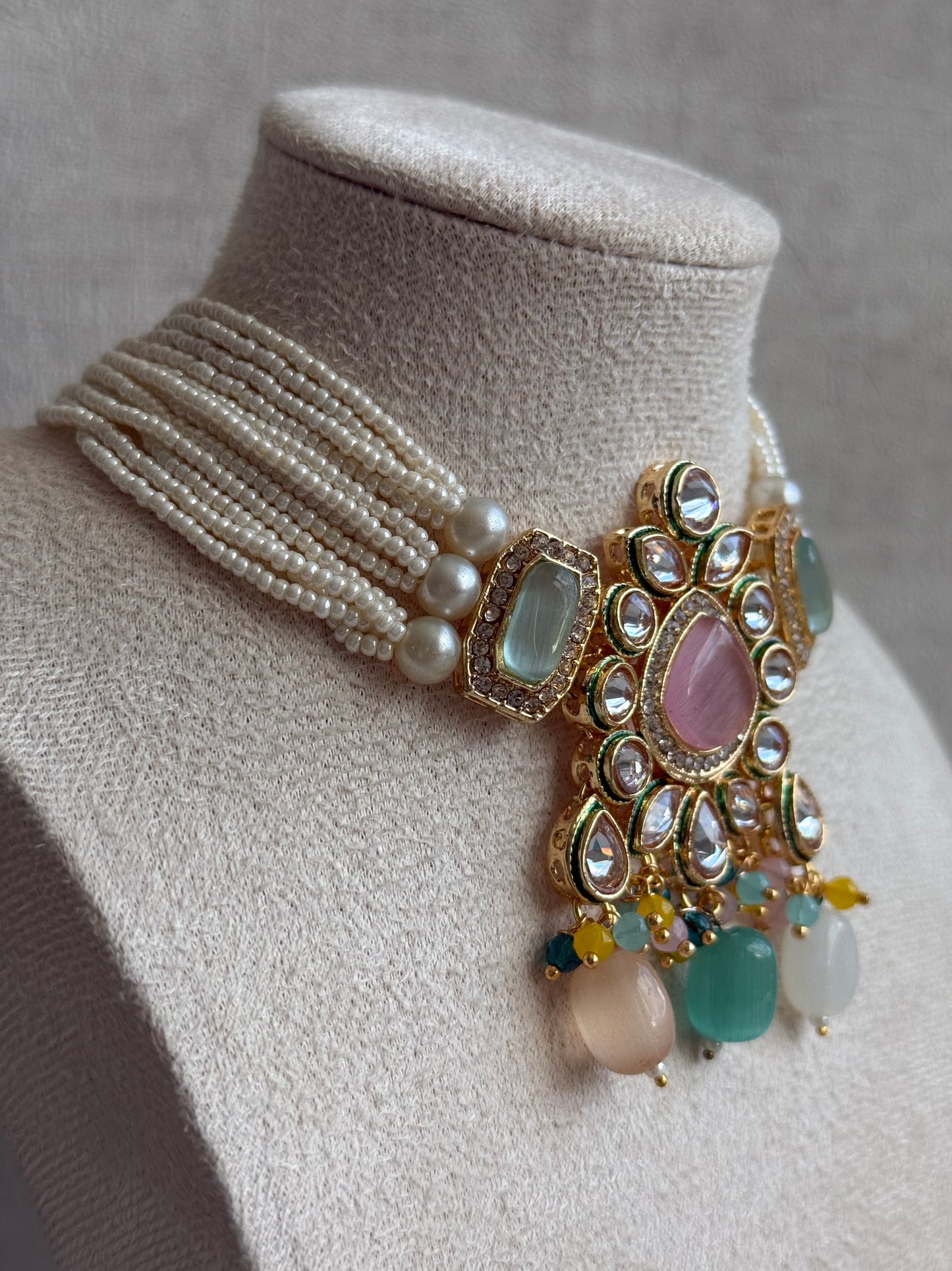 Ayura Designs Paheli Set with Earrings – Multicolour Stones, Kundan Detailing & Pearl Strands