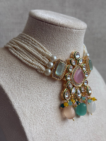 Ayura Designs Paheli Set with Earrings – Multicolour Stones, Kundan Detailing & Pearl Strands