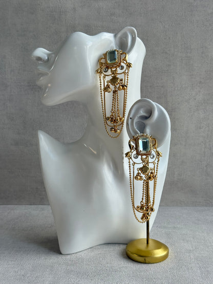 Ayura Designs Jaid Earrings – Crystal Floral Motif with Layered Chains & Ghungroos