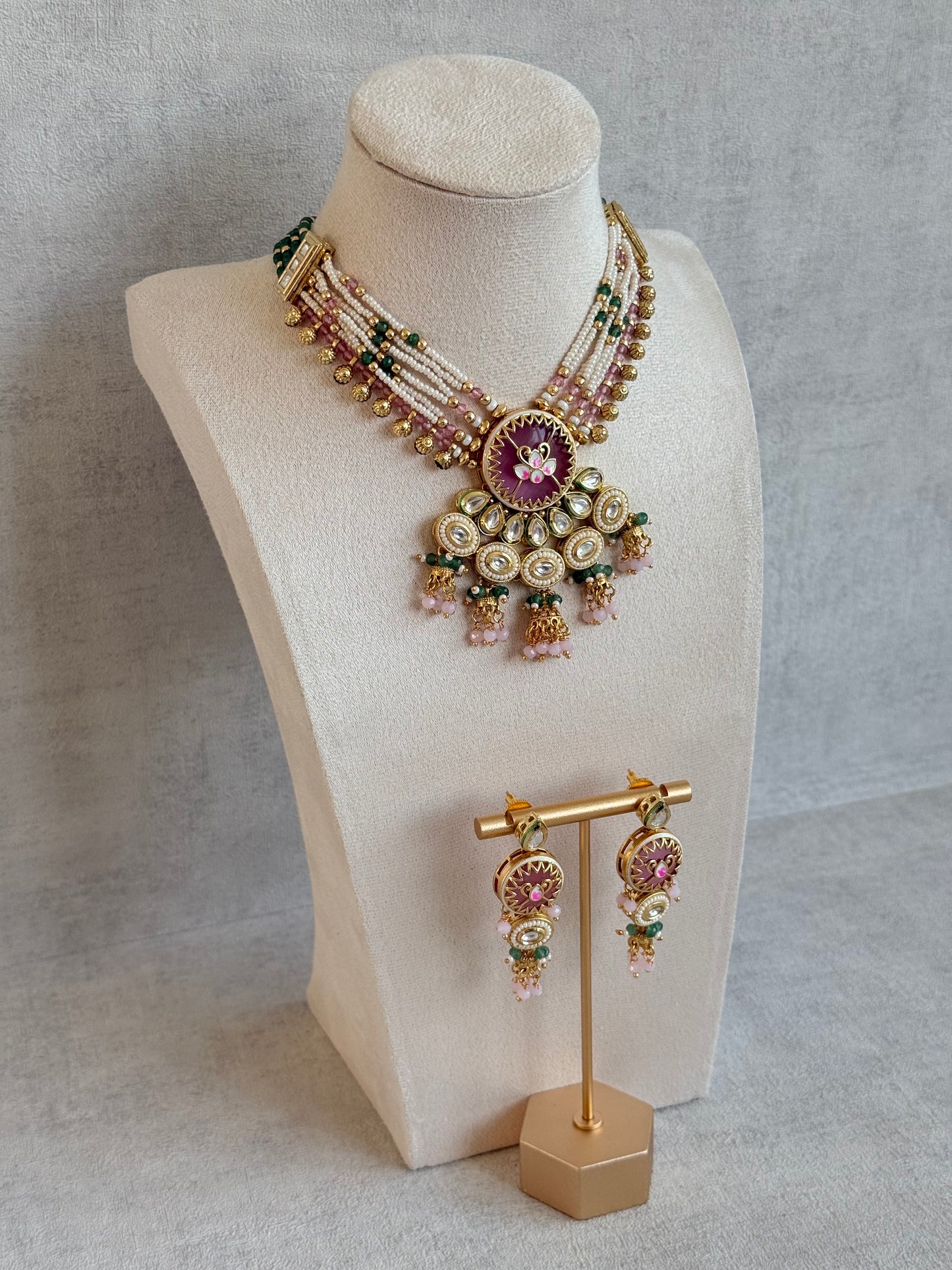 Ayura Designs Hasika Necklace Set with Earrings – Rose Pink, Emerald Green, Kundan & Pearl Detailing