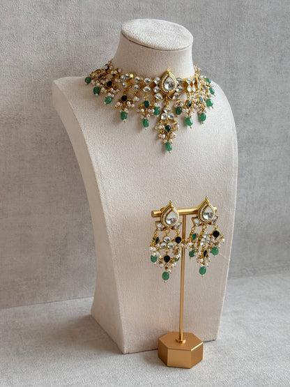 Ayura Designs Naksh Kundan Choker Set with Earrings & Emerald Green Bead Detailing