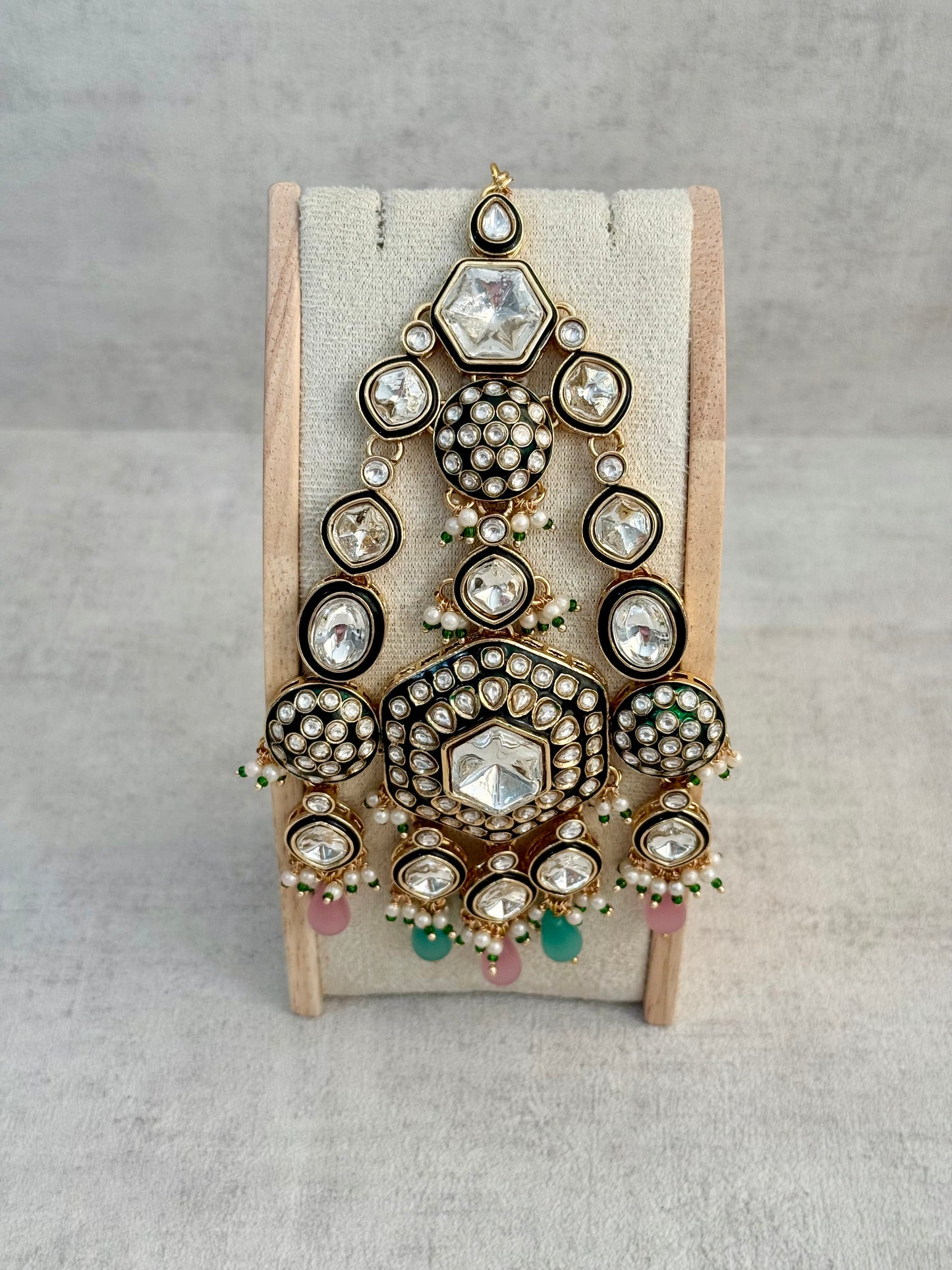Ayura Designs Visha Jhoomar Passa – Polki Kundan with Blush Pink & Aqua Blue Drops and Pearl Detailing