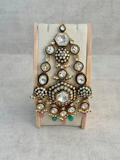 Ayura Designs Visha Jhoomar Passa – Polki Kundan with Blush Pink & Aqua Blue Drops and Pearl Detailing