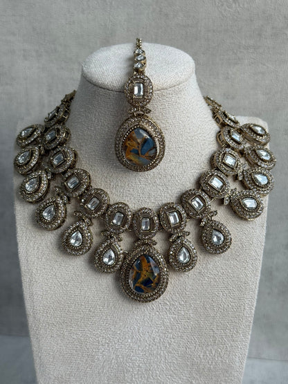 Ayura Designs Aurora Set with Earrings & Tikka – Blue & Bronze Marbled Stone, Mirror-Cut Accents & Antique Gold Finish