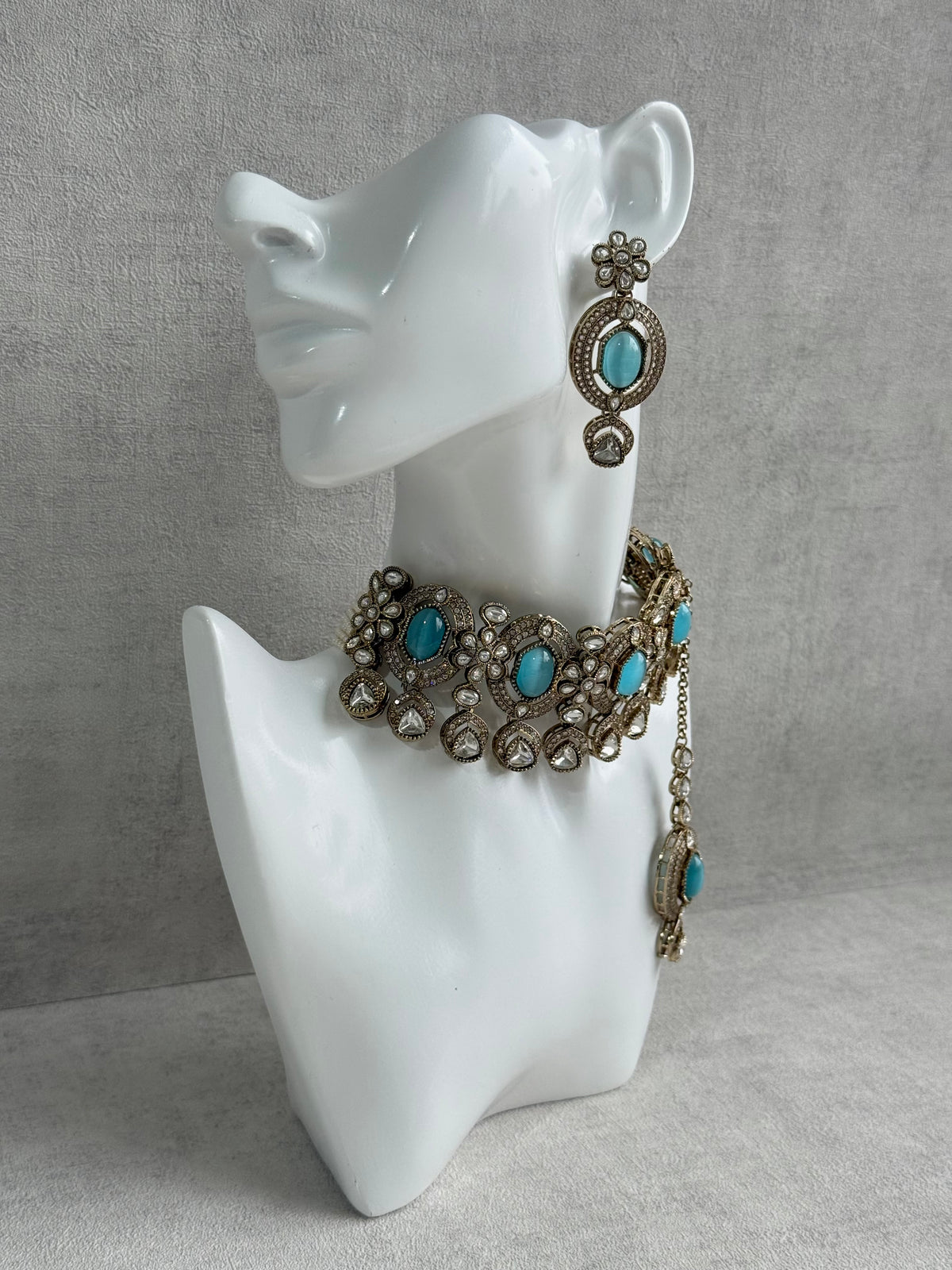 Ayura Designs Emanya Choker Set – Choker, Earrings & Tikka with Mirror-Cut Stones, Turquoise Blue & Antique Gold Detailing