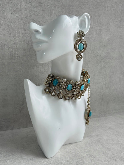 Ayura Designs Emanya Choker Set – Choker, Earrings & Tikka with Mirror-Cut Stones, Turquoise Blue & Antique Gold Detailing