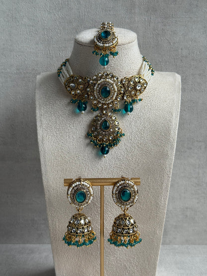 Ayura Designs Muskaan Set – Choker, Jhumkis & Tikka with Peacock Blue Beads, Kundan Stones & Antique Gold Finish