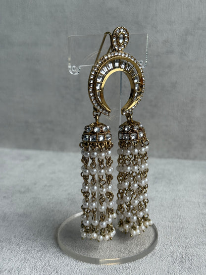 Ayura Designs Chand Hair Brooch – Crescent Polki Design with Pearl Tassels & Antique Gold Finish