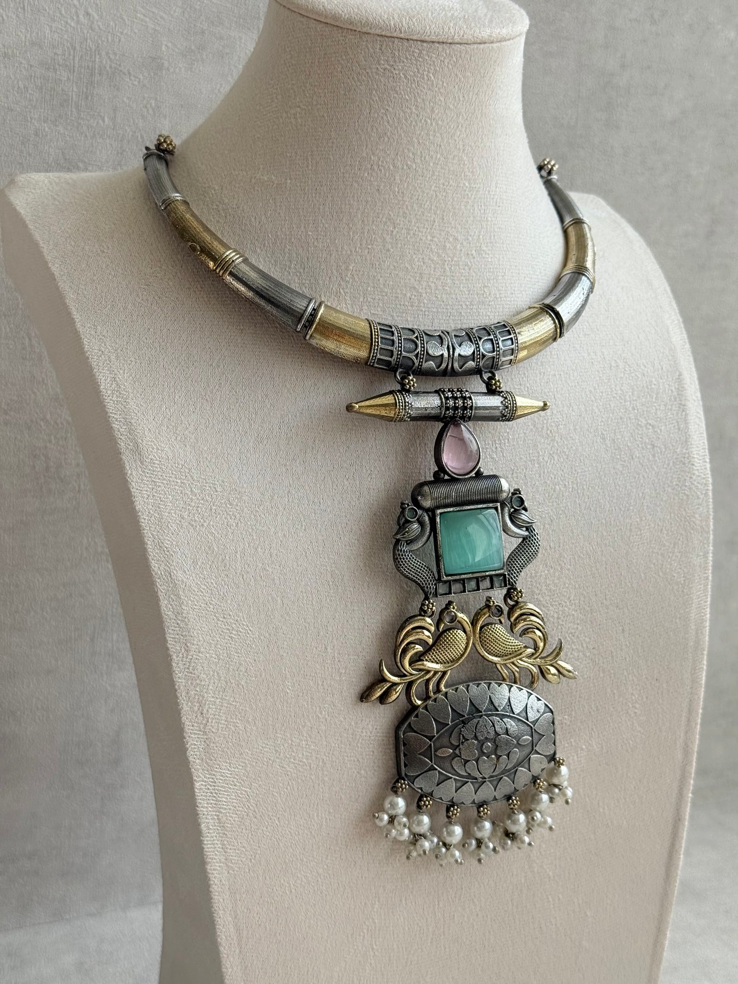 Ayura Designs Tansen Necklace Set with Earrings – Dual Tone Oxidised Necklace with Bird Motifs, Aqua Centre Stone & Pearl Detailing