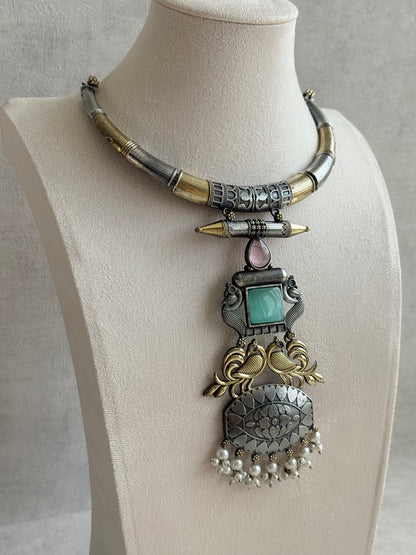 Ayura Designs Tansen Necklace Set with Earrings – Dual Tone Oxidised Necklace with Bird Motifs, Aqua Centre Stone & Pearl Detailing