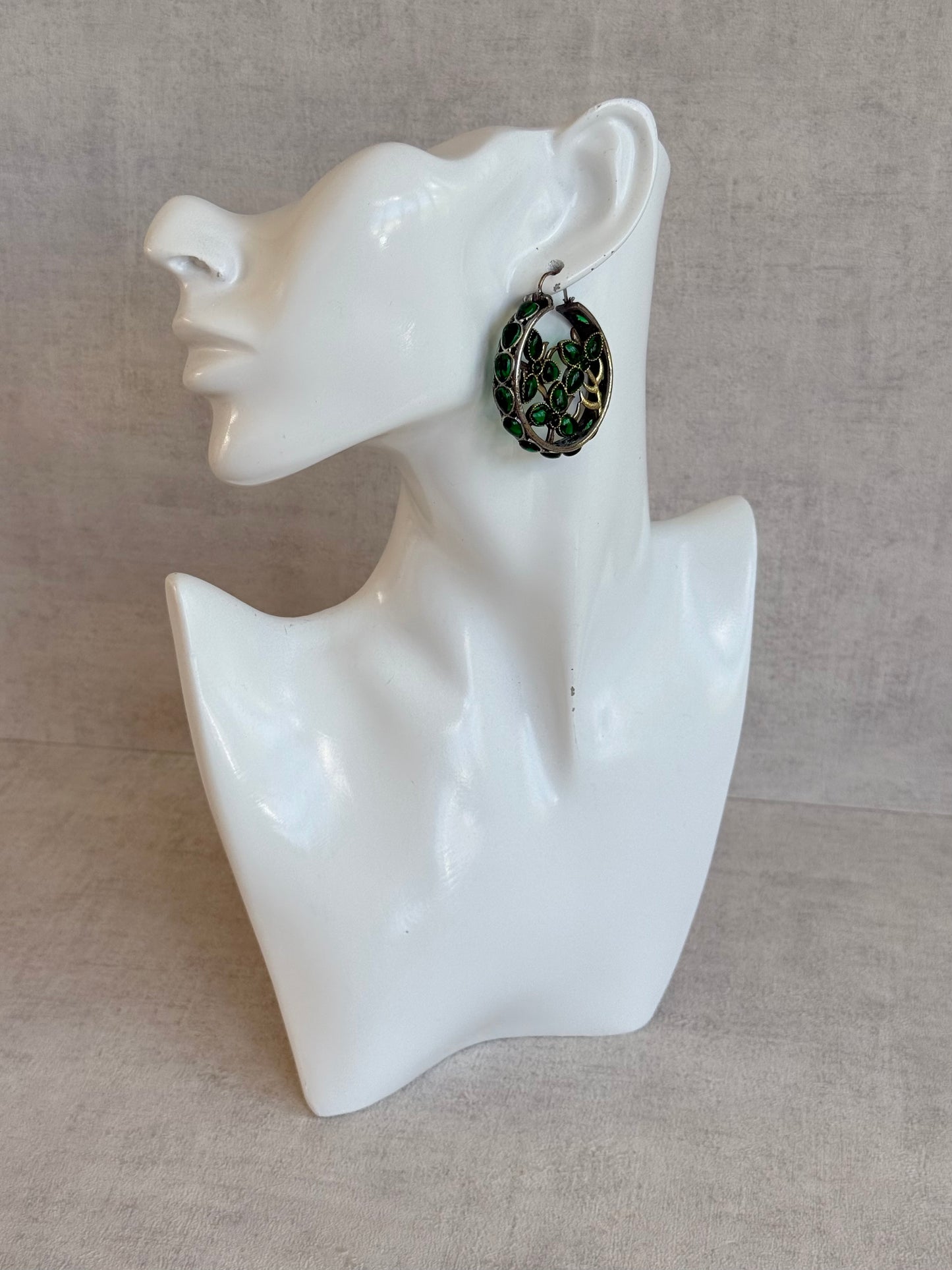 Ayura Designs Nureh Earrings – Dual Tone Floral Hoop Earrings with Emerald Green Stones & Cutwork Detailing