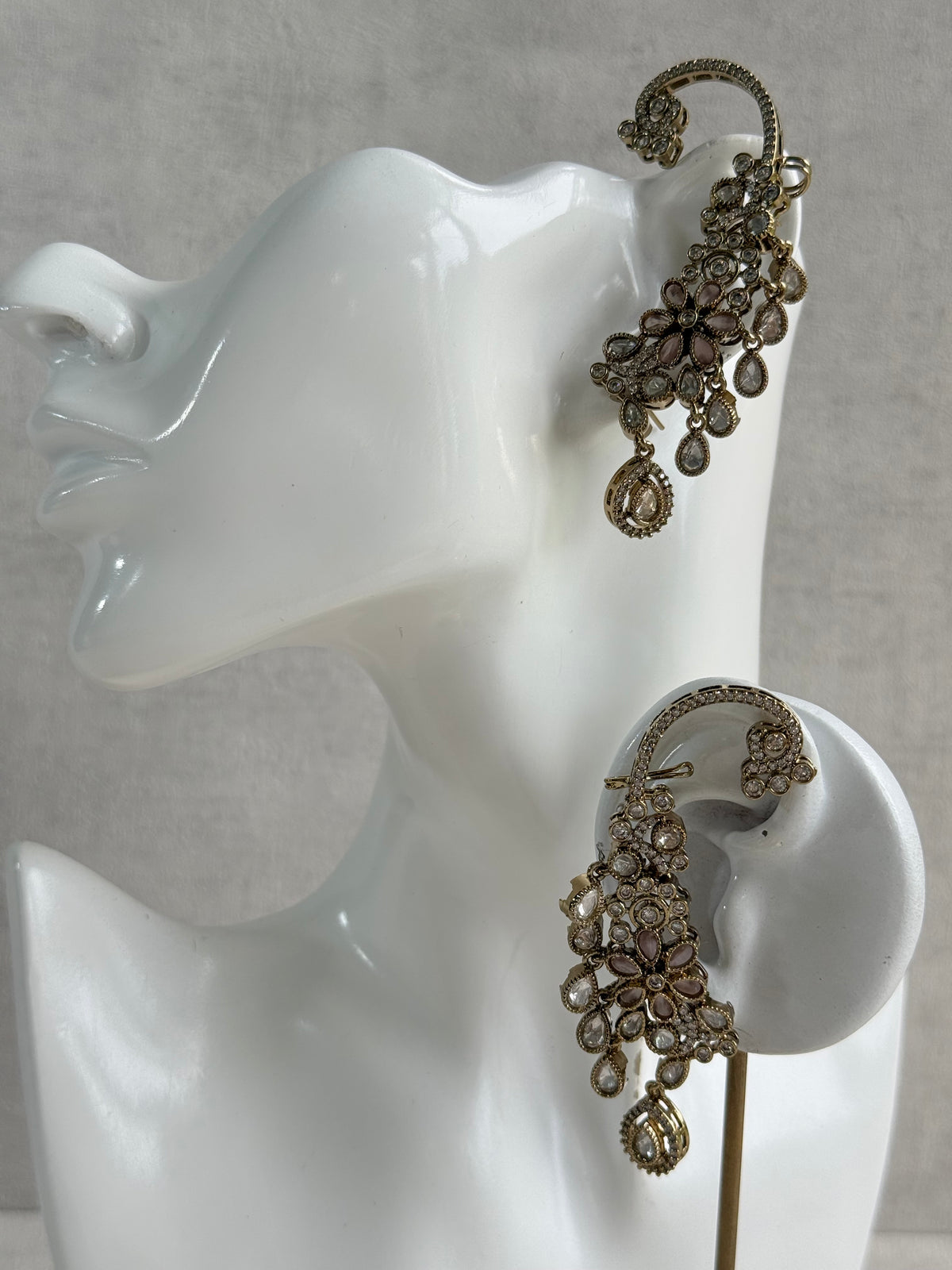 Ayura Designs Aksara Kaanphool Earrings – Blush Pink Stones, Kundan, Crystals & Antique Gold Finish
