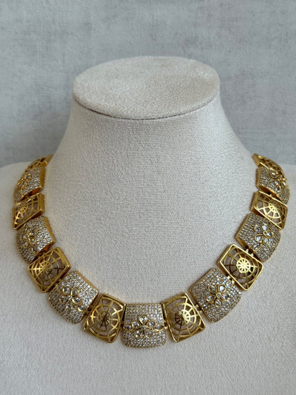 Ayura Designs Vibha Necklace & Stud Earrings Set – Gold Floral Statement Design with Crystal Detailing