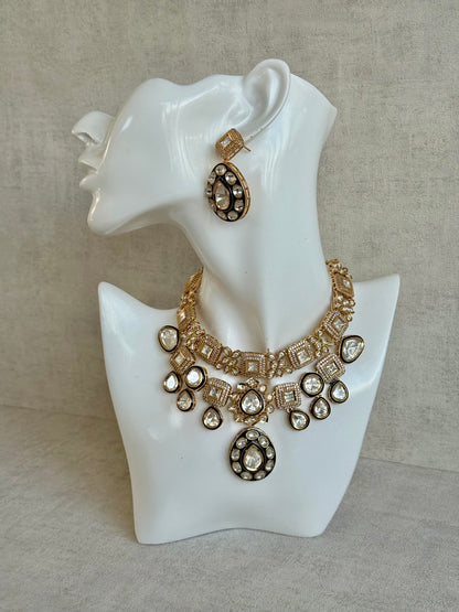 Ayura Designs Avani Set with Earrings & Tikka – Mirror-Cut Stones with Deep Blue Enamel Detailing & Crystal Borders