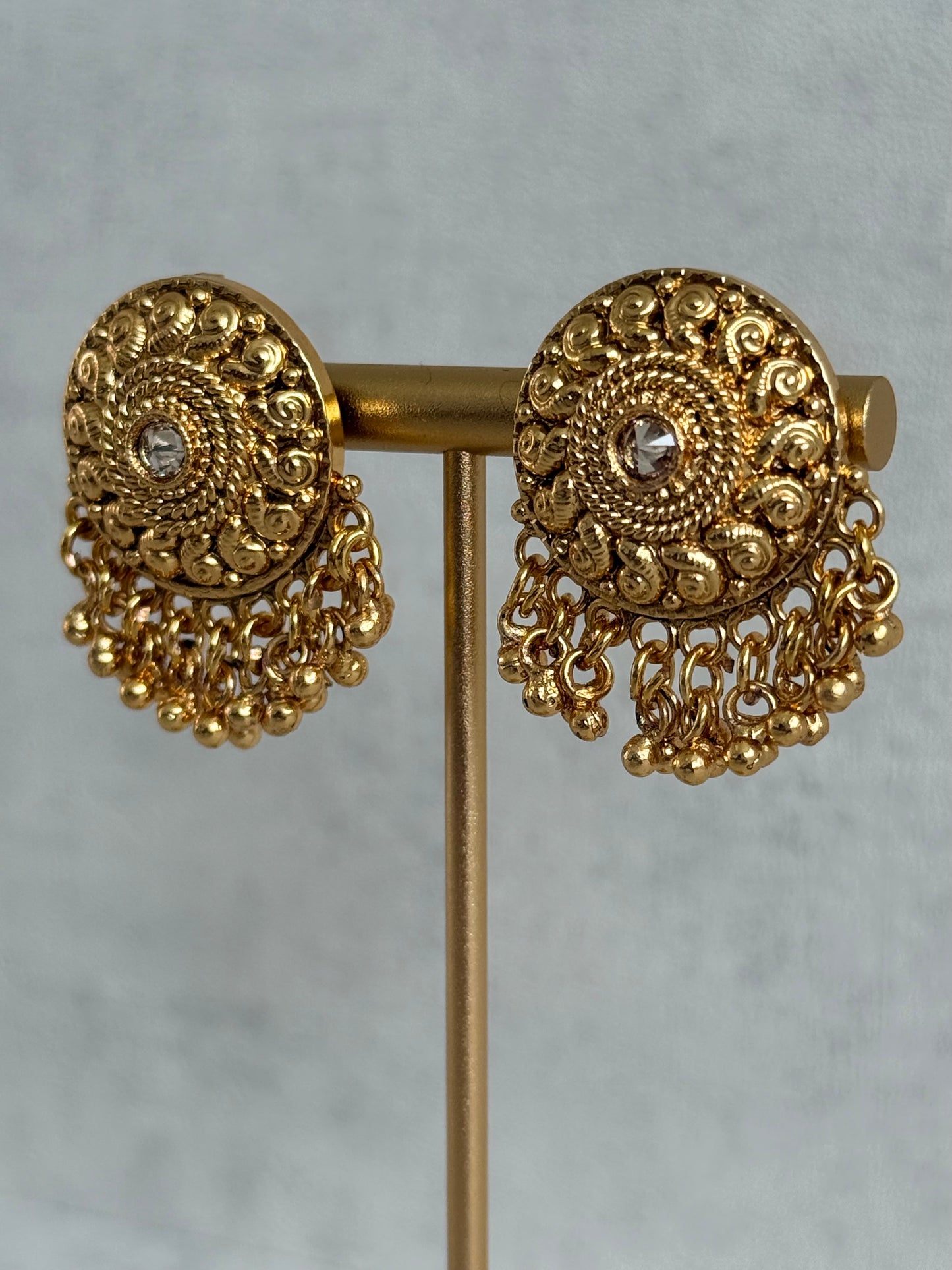Ayura Designs Deesha Stud Earrings – Gold Finish with Crystal & Ghungroo Detailing