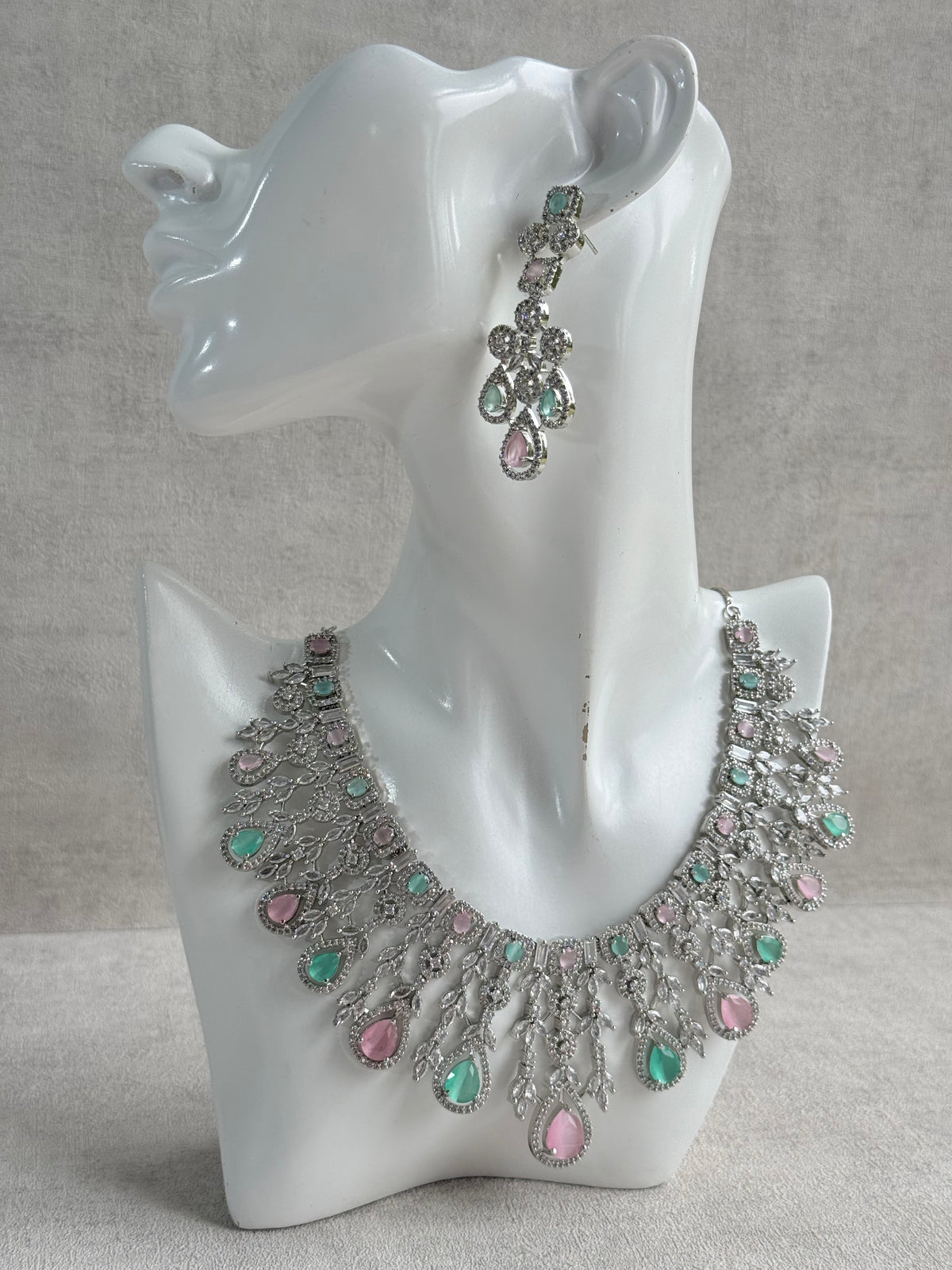 Ayura Designs Skye Necklace Set with Earrings – Blush Pink & Mint Green Stones with Crystal Detailing in Silver Finish