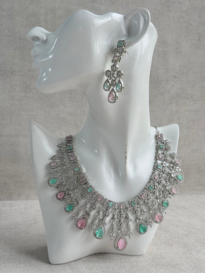 Ayura Designs Skye Necklace Set with Earrings – Blush Pink & Mint Green Stones with Crystal Detailing in Silver Finish