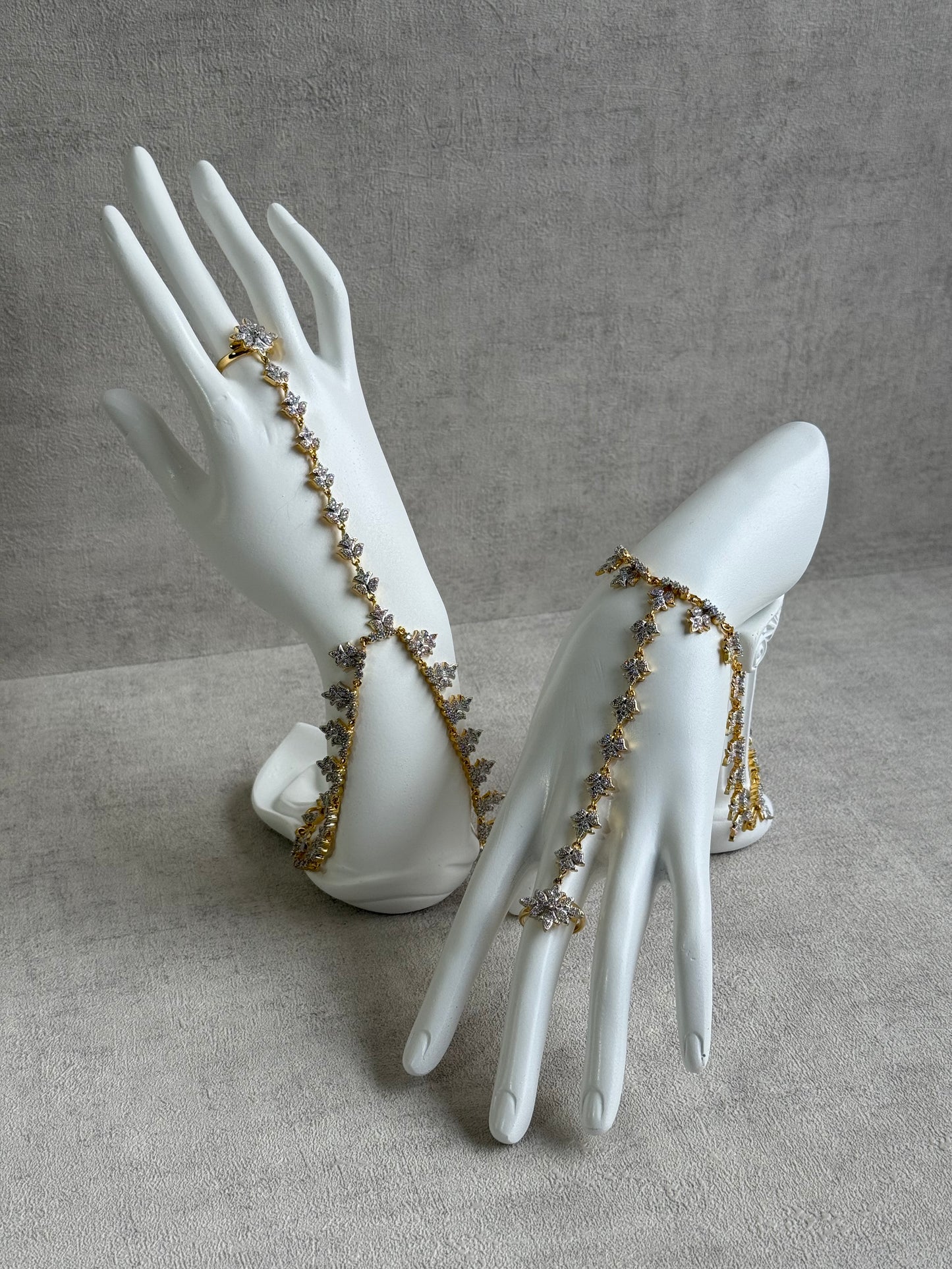 Ayura Designs Aagya Haathphool – Set of 2 Gold & Silver Ring-Bracelet Chains with Floral Diamond-Cut Detailing